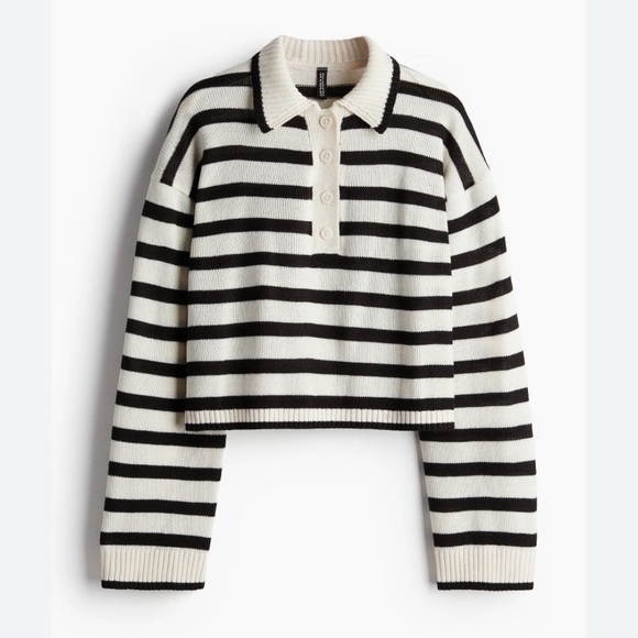 H&M Divided Short Polo Sweater black & cream striped collared knit - Picture 1 of 7